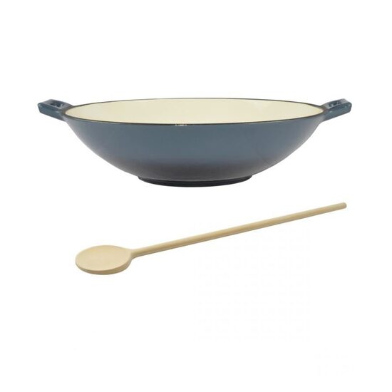 Vas de fonta tip Wok, emailat, 35.5x11 cm, cu lingura de lemn, Perfect Home (140911)