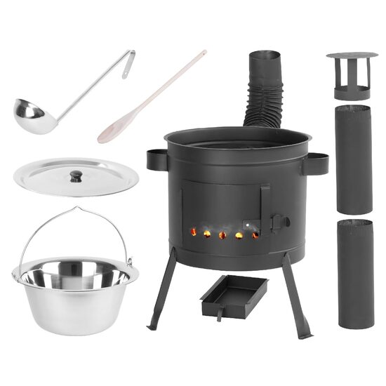 Soba cu ceaun/tuci, cu burlane, 36 cm, ceaun de 14 L, polonic, lingura lemn, Artool (143295)