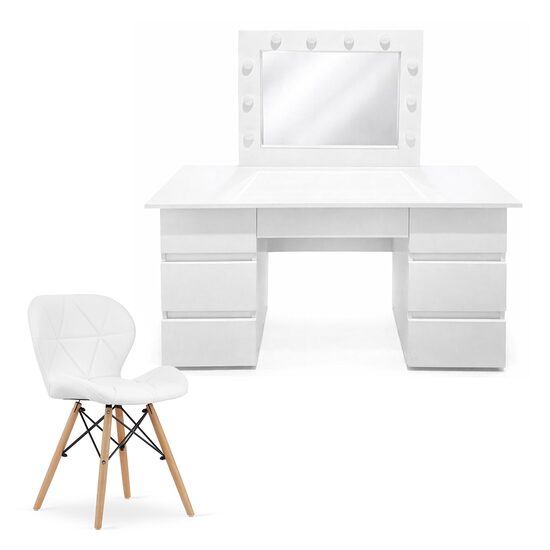 Masa de toaleta/machiaj, Vanessa + scaun Lago, alb, cu oglinda si LED-uri, 130x43x143 cm (146210)