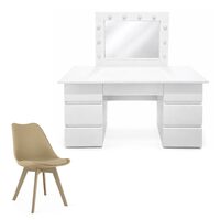 Masa de toaleta/machiaj, Vanessa, alba + scaun Mark, bej, cu oglinda si LED-uri, 130x43x143 cm (146180)