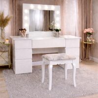 Masa de toaleta/machiaj, Antonia + taburet Vintage, alb, cu oglinda si LED-uri, 155x42x135 cm (146296)