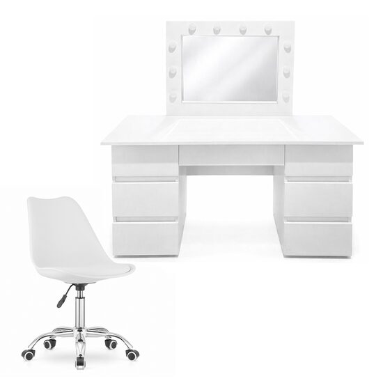 Masa de toaleta/machiaj, Vanessa + scaun Alba, alb, cu oglinda si LED-uri, 130x43x143 cm (146234)