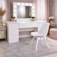 Masa de toaleta/machiaj, Antonia + scaun Mark, alb, cu oglinda si LED-uri, 155x42x135 cm (146258)