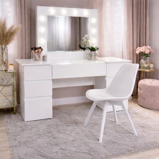 Masa de toaleta/machiaj, Antonia + scaun Mark, alb, cu oglinda si LED-uri, 155x42x135 cm (146258)