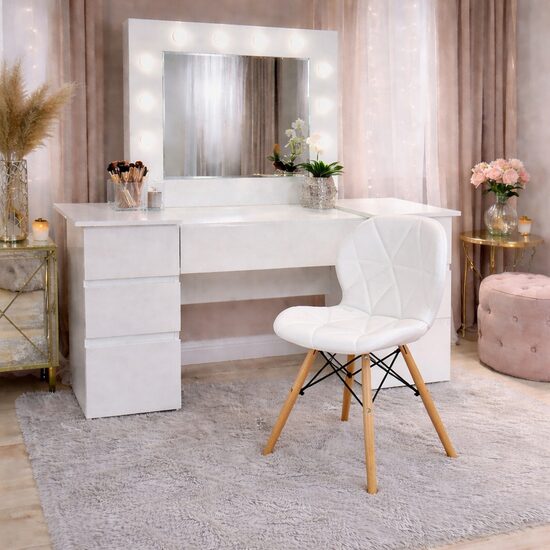 Masa de toaleta/machiaj, Antonia + scaun Lago, alb, cu oglinda si LED-uri, 155x42x135 cm (146289)