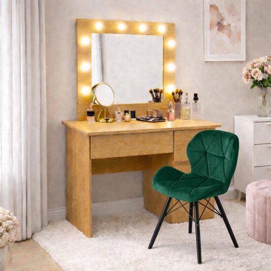 Masa de toaleta/machiaj, Irina, stejar + scaun Lago, verde, cu oglinda si LED-uri, 94x43x141 cm (146623)