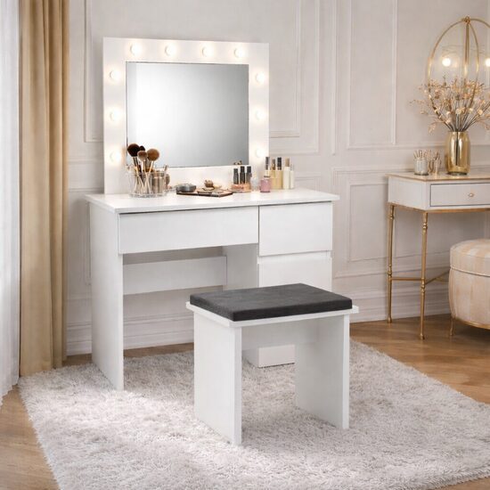Masa de toaleta/machiaj, Irina + taburet, alb, cu oglinda si LED-uri, 94x43x141 cm (146579)