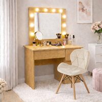 Masa de toaleta/machiaj, Irina, stejar + scaun Lago, bej, cu oglinda si LED-uri, 94x43x141 cm (146630)