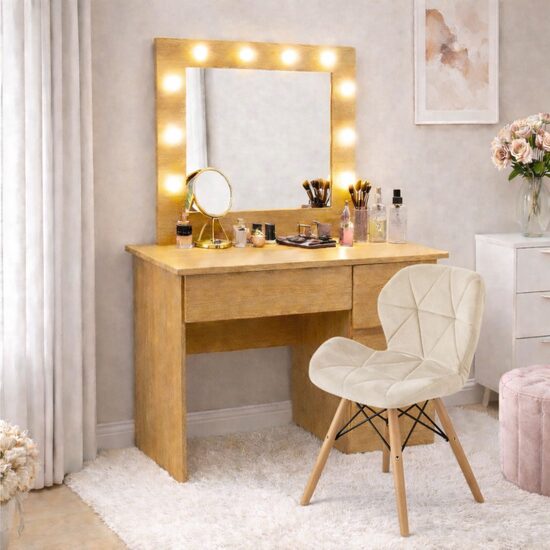 Masa de toaleta/machiaj, Irina, stejar + scaun Lago, bej, cu oglinda si LED-uri, 94x43x141 cm (146630)