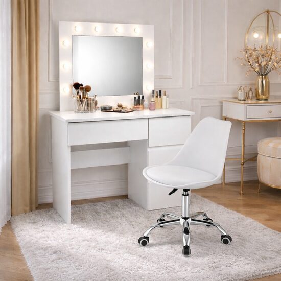 Masa de toaleta/machiaj, Irina + scaun Alba, alb, cu oglinda si LED-uri, 94x43x141 cm (146586)
