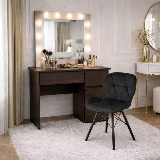 Masa de toaleta/machiaj, Irina, wenge + scaun Lago negru, cu oglinda si LED-uri, 94x43x141 cm (146708)