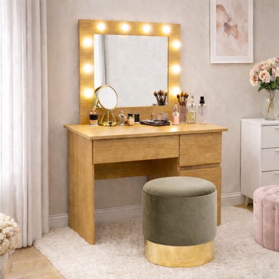 Masa de toaleta/machiaj, Irina, stejar + taburet, bej, cu oglinda si LED-uri, 94x43x141 cm (146609)
