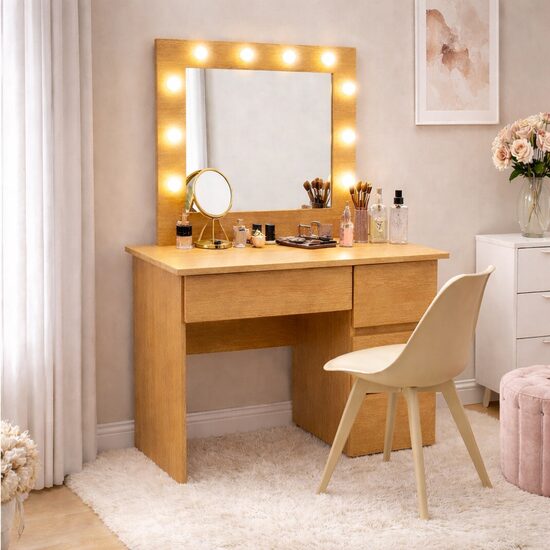 Masa de toaleta/machiaj, Irina, stejar + scaun Mark, bej, cu oglinda si LED-uri, 94x43x141 cm (146593)