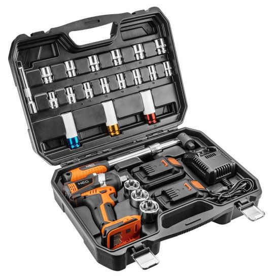 Ütközőcsavaros gép 1/2 "18 V-os lítium-ion adapterrel, 2 akkumulátorral és tartozékokkal, NEO
