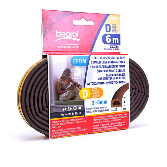 Nyílászáró szigetelő szalag, barna, D profil 2x3 m, Beorol