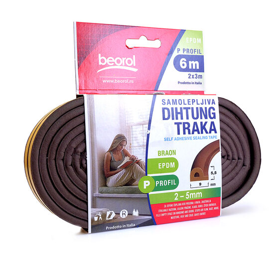 Nyílászáró szigetelő szalag, barna, profil P 2x3 m, Beorol