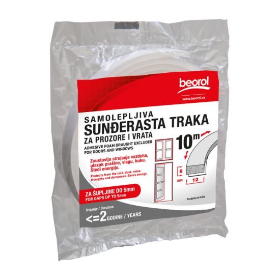 Nyílászáró szigetelő szalag, szivacs, 6x12 mm, 10 m, Beorol