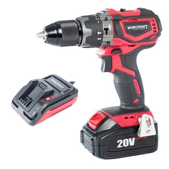 Fúrógép, csavarhúzó (fúró), 20V Li-ion, 2 Ah akkuval, töltővel, ütős, kefék nélkül, tokmány 13 mm, Worcraft