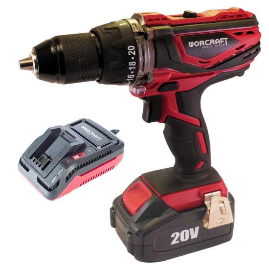 Fúrógép, csavarhúzó (fúró), 20V Li-ion, 2 Ah akkumulátorral, töltővel, automata tokmány 13 mm, Worcraft