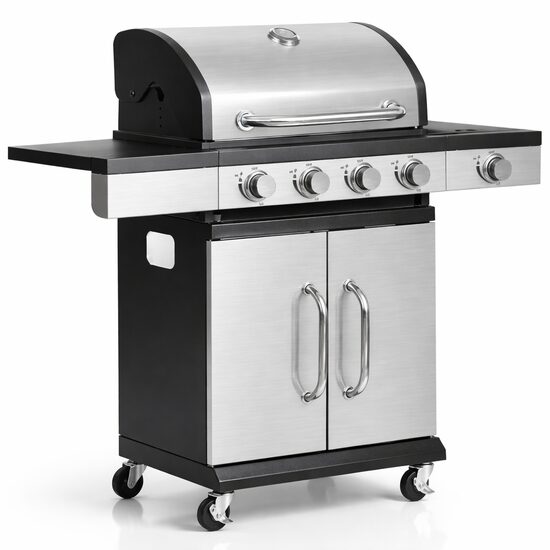 STREND PRO Gázüzemű grillsütő, négyszögletes grill, 4 + 1 égő, kerekekkel, fedél, 120x48x110 cm