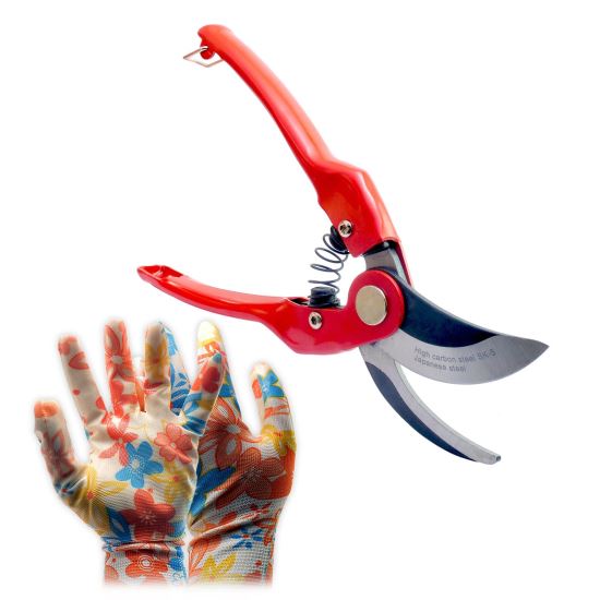 Professzionális kerti olló, bypass típusú, SK5 acél + latex kesztyű, XTLINE