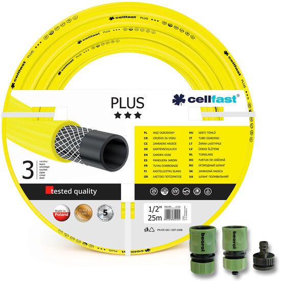 Cellfast Plus locsolótömlő, csavarodásmentes 3 réteg 1/2", 25m+ajándék 2 csatolóegység, 1 adapter