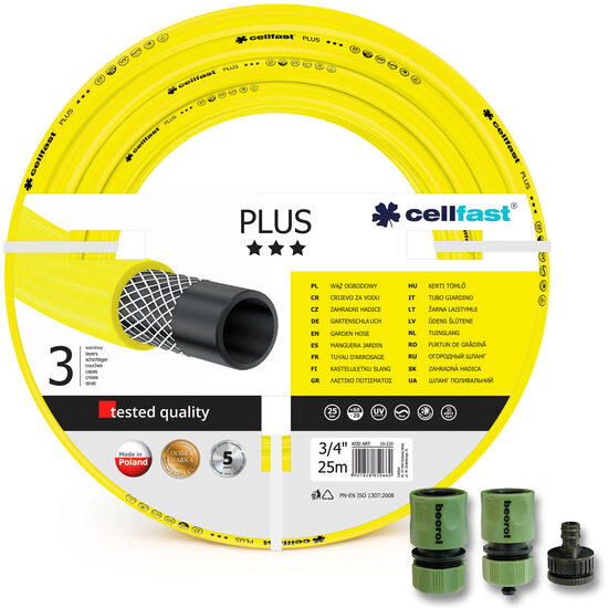 Cellfast Plus locsolótömlő, csavarodásmentes 3 réteg 3/4", 25m+ajándék 2 csatolóegység, 1 adapter