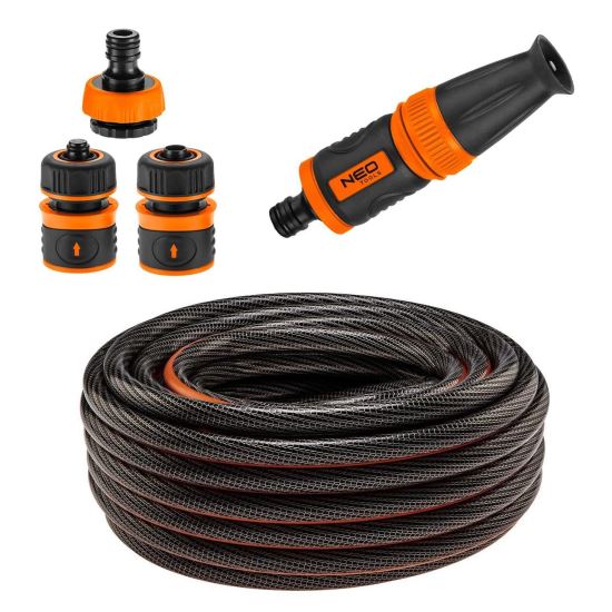 Kerti tömlőkészlet, csavarodásgátló, 6 rétegű, 1/2", 20 m, csatlakozók, adapter, fúvóka, NEO