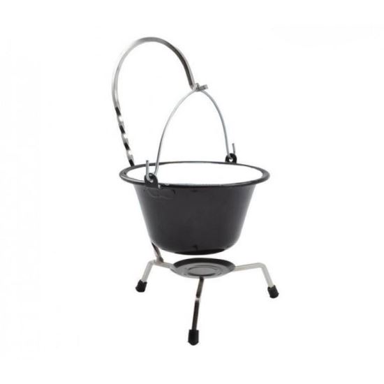 bogrács tálalókészlet, zománcozott, fekete, 0,8 L, króm tartó