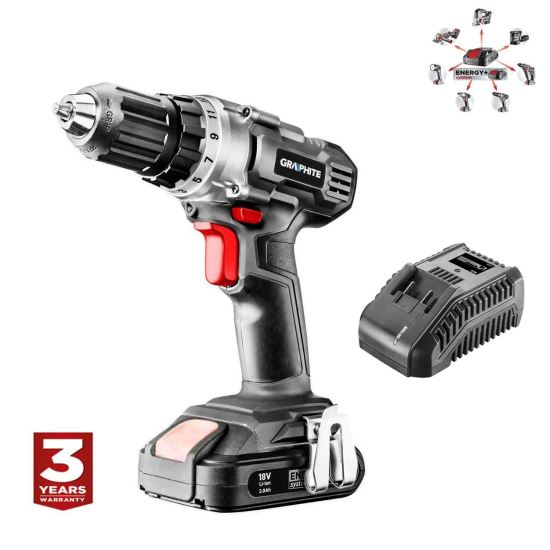 Graphite Energy Fúrógép 18V 2 Ah, Li-ion, 10 mm-es tokmánnyal és akkumulátorral