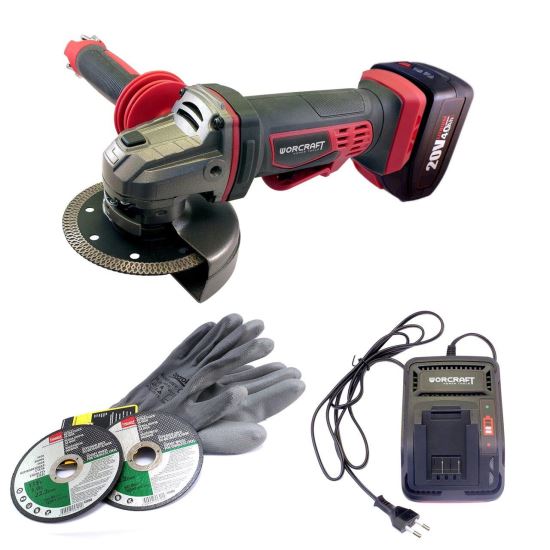 Worcraft sarokcsiszoló, flexibilis, 125 mm, vezeték nélküli, 4 Ah akkumulátor, 20 V, töltő, 2 tárcsa, kesztyű