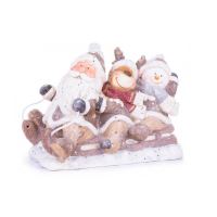 Karácsonyi dekoráció, kerámia, Mikulás, rénszarvas és hóember szánon, 45x23x34,5 cm