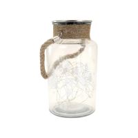 Karácsonyi dekoráció, üvegedény fenyőfákkal, LED, 3xAAA, IP44, 13x23,5 cm