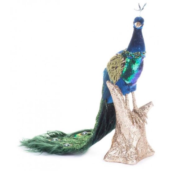 Karácsonyi dekoráció, páva pehelyes, kék, 24x12x32 cm