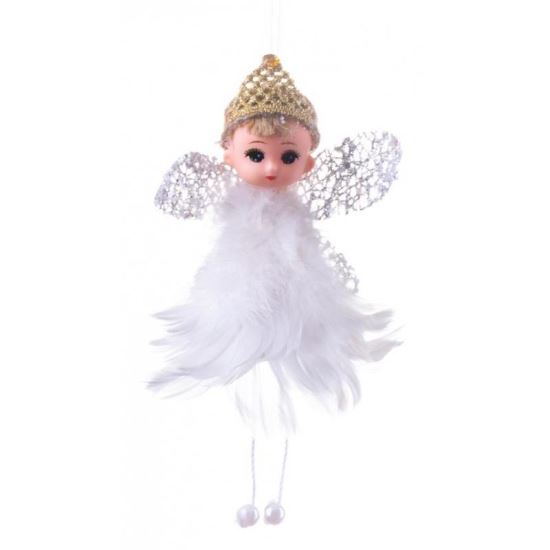 Karácsonyi dísz, pelyhes tündér, fehér, 10x7x11 cm
