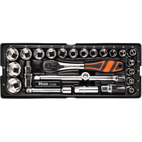 Rövid csőfejek készlet kulccsal, fiók A TYPE (385x150 mm) mobil szekrényhez, 1/2 ", 8-32 mm, 25 elem, RICHMANN EXCLUSIVE