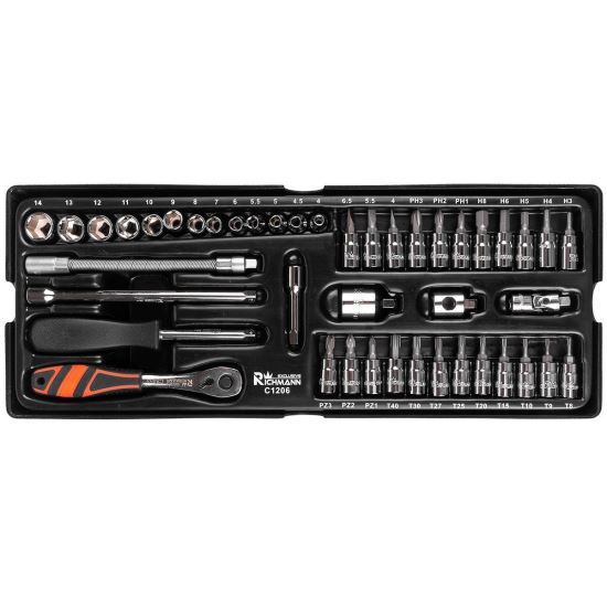 Különféle fejek készlet kulccsal, fiók A TÍPUS (385x150 mm) mobil szekrényhez, 1/4", 4-14 mm, 44 elem, RICHMANN EXCLUSIVE