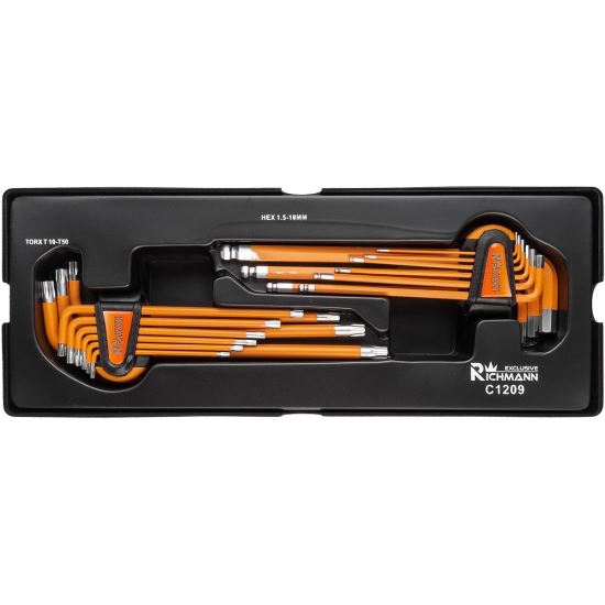 HEX és TORX kulcskészlet, A TÍPUSÚ fiók (385x150 mm) mobil szekrényhez, 1,5-10 mm, T10-T50, 18 db, RICHMANN EXCLUSIVE