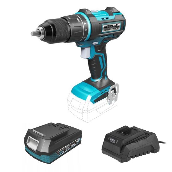 Fúrógép, csavarhúzó (fúró), 2 Ah akkumulátorral, 18V Li-ion töltővel, ütővel, kefék nélkül, 13 mm-es tokmány, SAS + ALL, Dedra