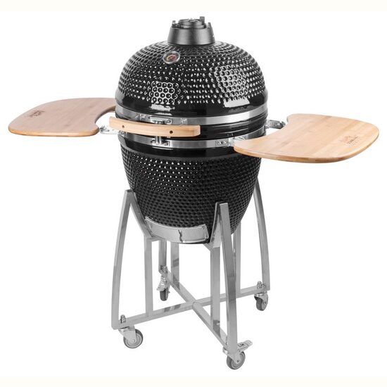 Kerti grill, körgrill, kerámia, kerekekkel, fedéllel, polcokkal, 130x73x122 cm, Kamado Egg 21