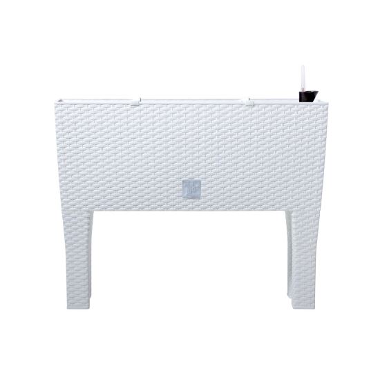 Dekoratív virágtartó, lábakkal, öntözőrendszerrel, rattan utánzat, fehér, 30 L, 60x25x46 cm, Rato Case High