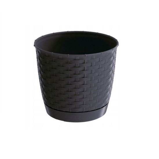 Dekoratív virágcserép, kerek, rattan utánzat, antracit, 1,2 L, 14,5x12,7 cm, Ratolla Round