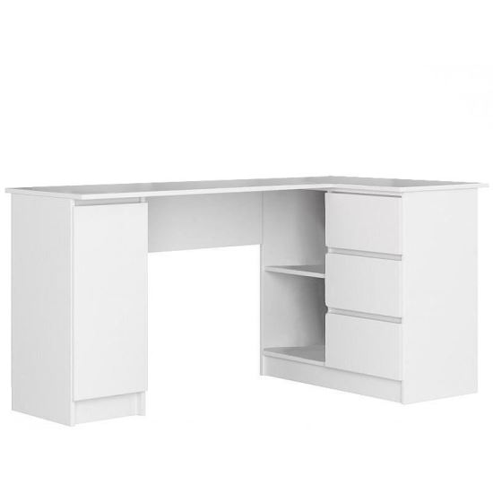 Számítógép asztal sarkon, laminált lap, 3 fiók, 4 polc, fehér, 155x85x77 cm