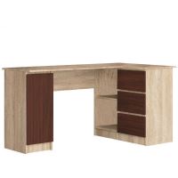 Számítógép asztal sarkon, laminált tábla, 3 fiók, 4 polc, tölgy és wenge, 155x85x77 cm