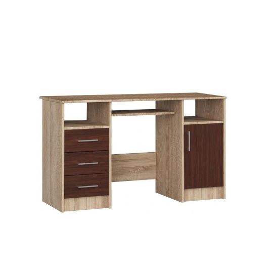 Számítógép asztal, laminált lap, 3 fiók, 5 polc, tölgy és wenge, 124x52x74 cm, Ana