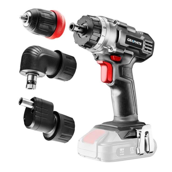 Fúrógép, csavaros (fúró), akkumulátoron, 18 V Li-ion (az akkumulátor nem tartozék), 3 levehető tokmány, 10 mm-es tokmány, Graphite Energy
