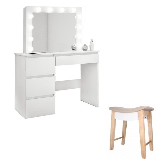 Sminkasztal + Vintage zsámoly, fehér, tükörrel és LED-ekkel, Irina, 94x43x141 cm
