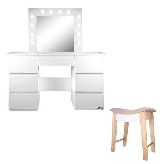 Sminkasztal + Vintage zsámoly, fehér, tükörrel és LED-ekkel, Vanessa, 130x43x143 cm